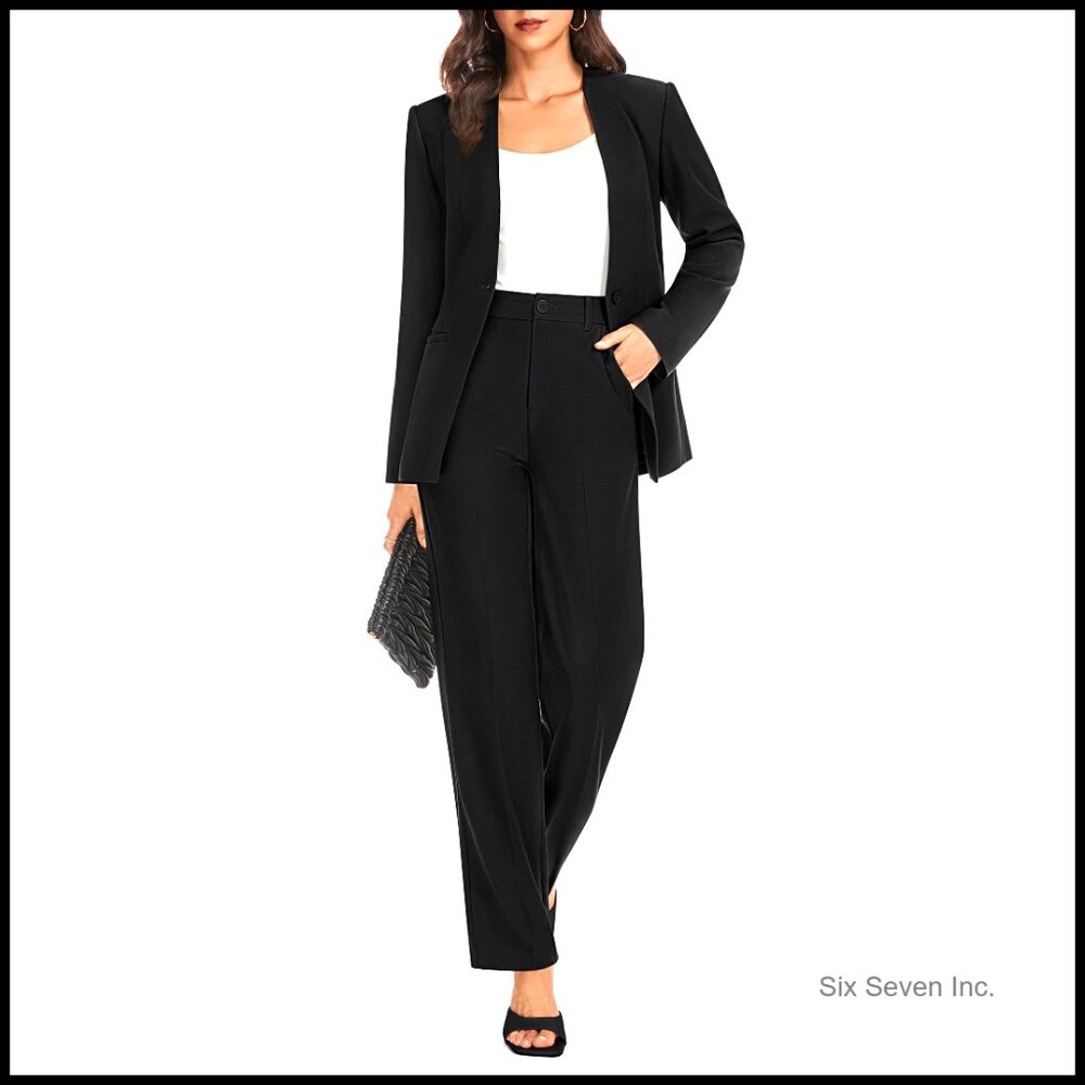 Polyester Blend Blazer And Wide Leg Pants Business Casual Suit Set